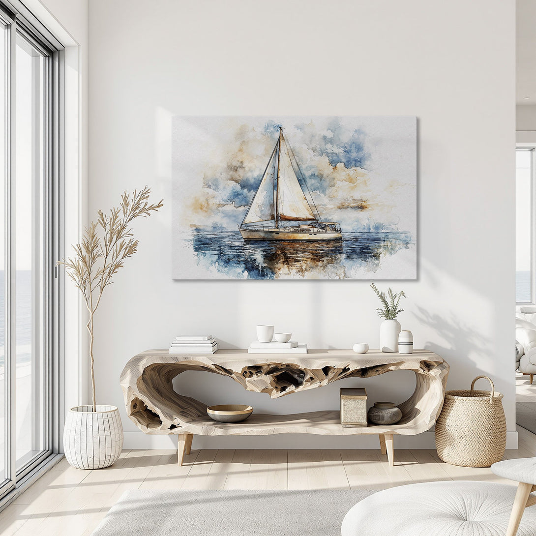 Framed Wall Art featuring a watercolor sailboat on canvas. Coastal decor with blue, gold, and neutral tones. Perfect for adding a touch of serenity.