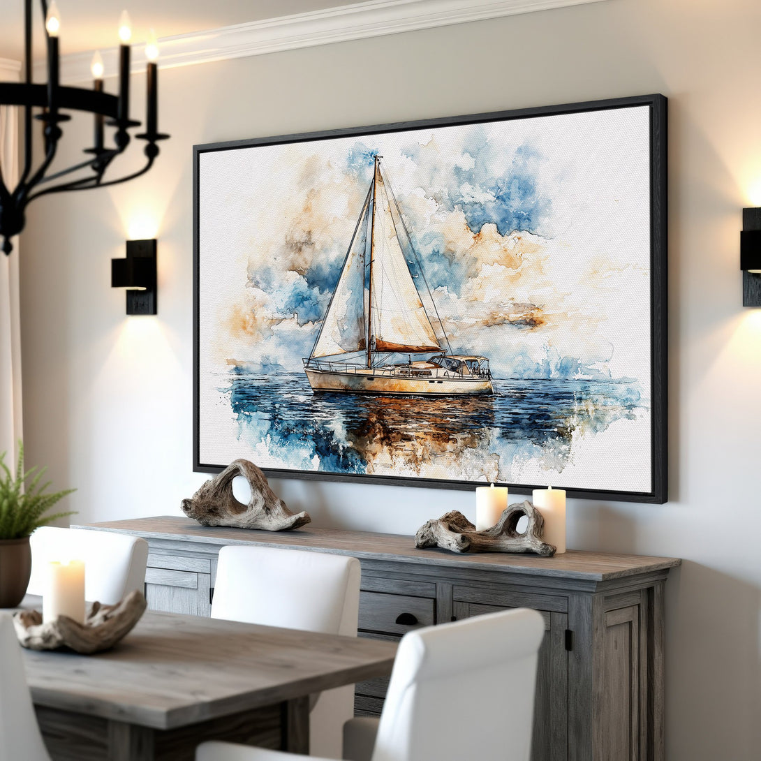 Framed Wall Art: Watercolor sailboat art in blue, beige, and brown tones. Coastal canvas print adds a touch of nautical elegance to any space.