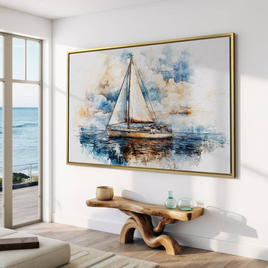 Canvas Print of a sailboat in watercolor style. Coastal wall art with blue, beige, and white color palette. Perfect for a serene living room.