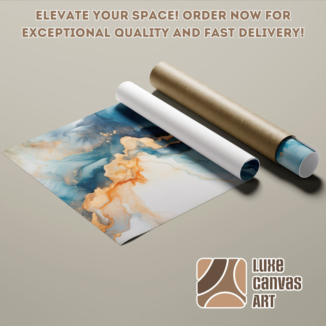 Abstract art Poster Roll in blue, gold, and orange tones. Elevate your space with Luxe Canvas Art!
