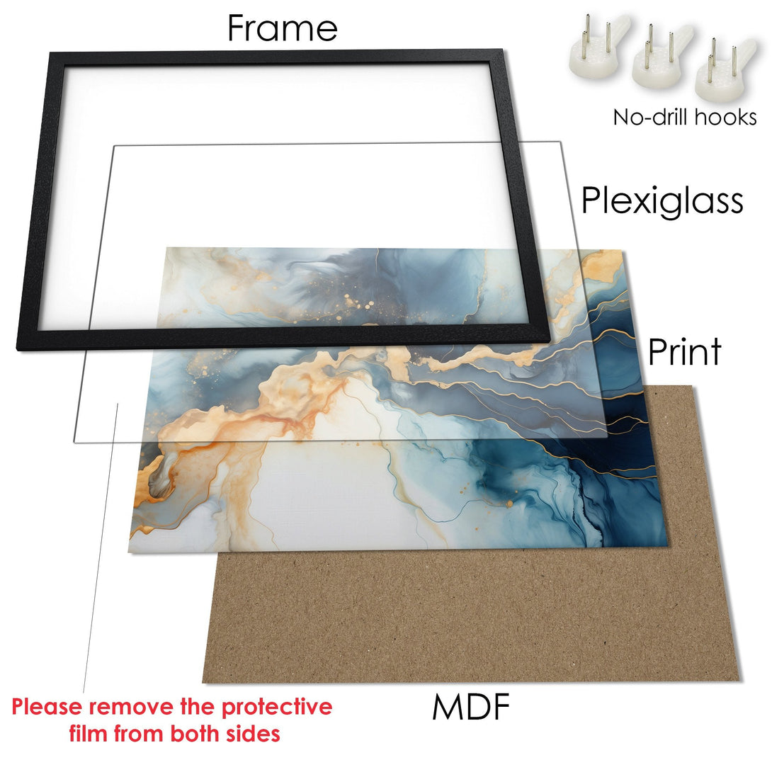 Framed Poster with abstract art in blue and gold tones. Modern wall art for your home decor.