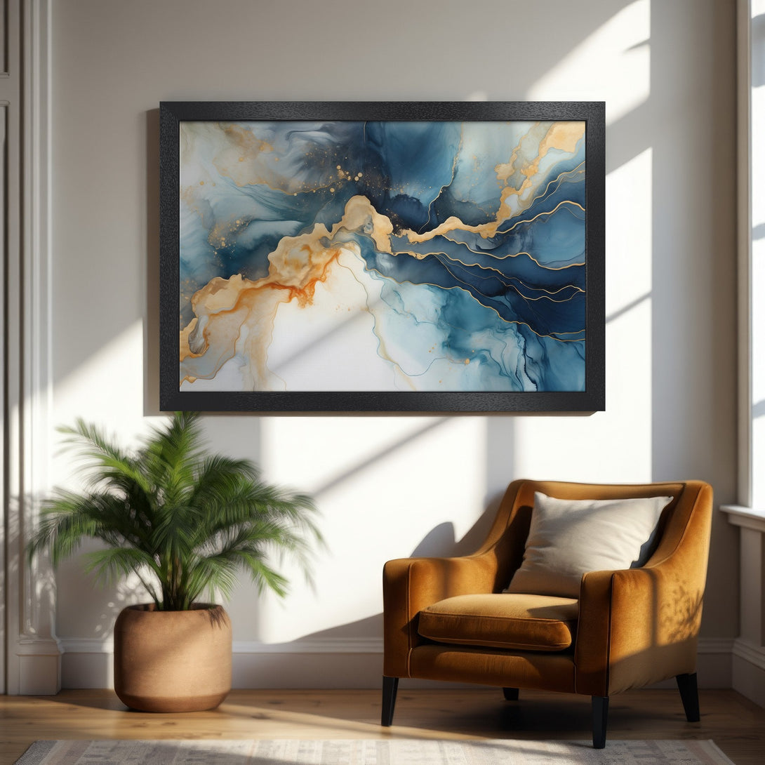 Framed Poster featuring abstract blue & gold art. Modern style, perfect wall decor. Add a touch of elegance to your space!