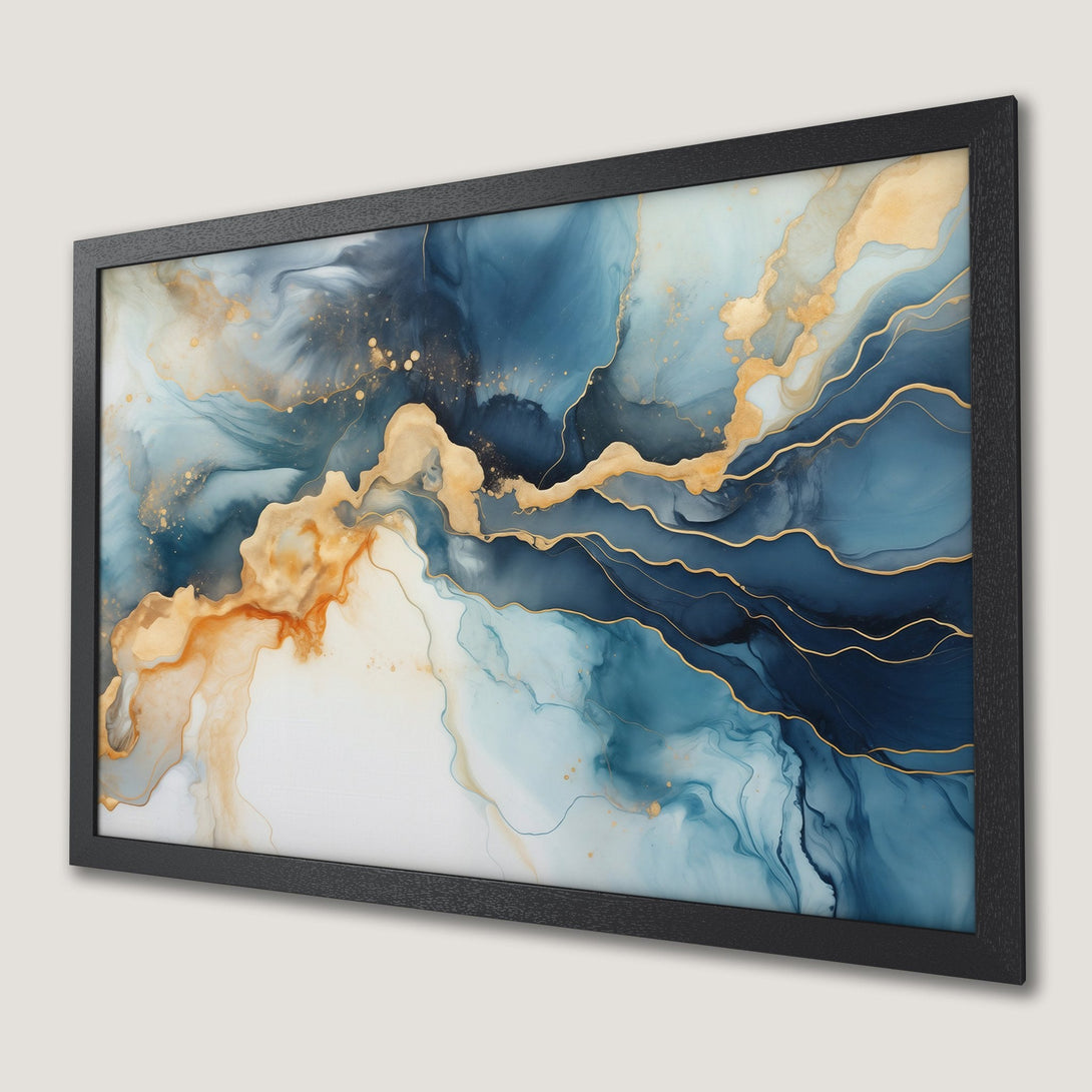 Framed Poster featuring abstract blue & gold art. Modern wall decor in a stunning color palette.