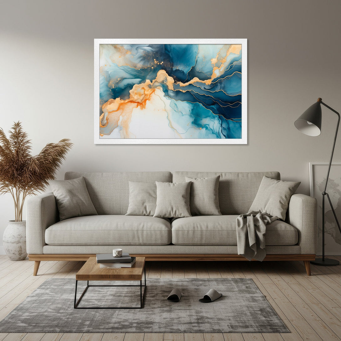 Framed Poster featuring abstract fluid art in teal, gold, and orange hues. Modern art print for home decor.