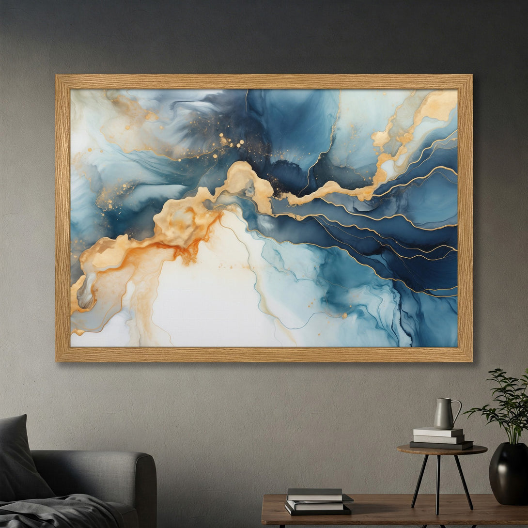 Framed Poster featuring abstract art with blue, gold, and orange hues. Modern style, perfect for home decor.