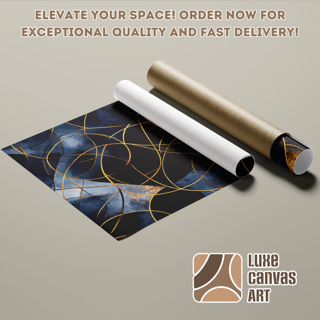 Abstract art Poster Roll in navy, gold, and black. Elevate your space with exceptional quality!