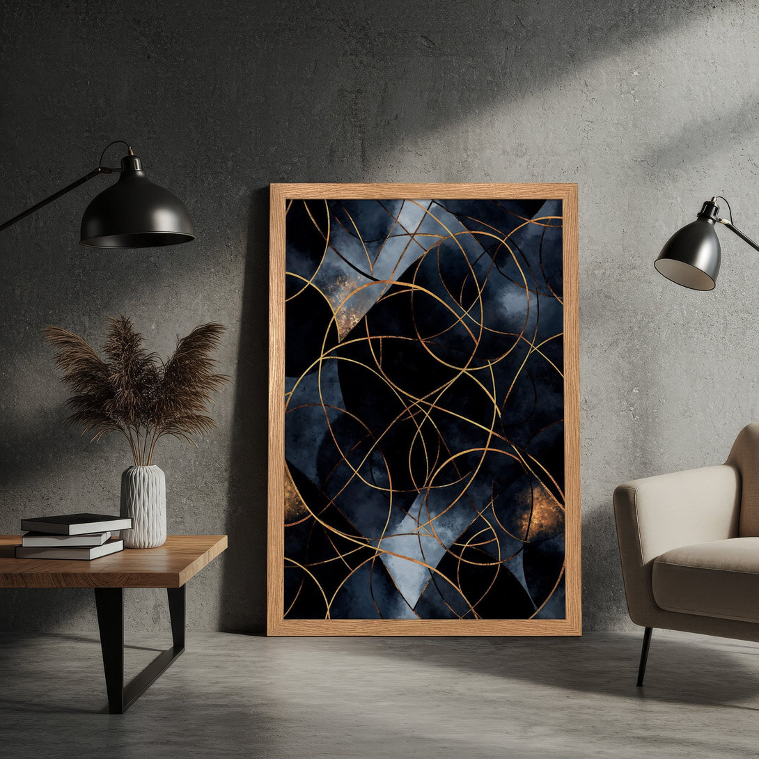 Framed Poster featuring abstract geometric art in navy, gold, and gray. Modern wall decor for a stylish home.