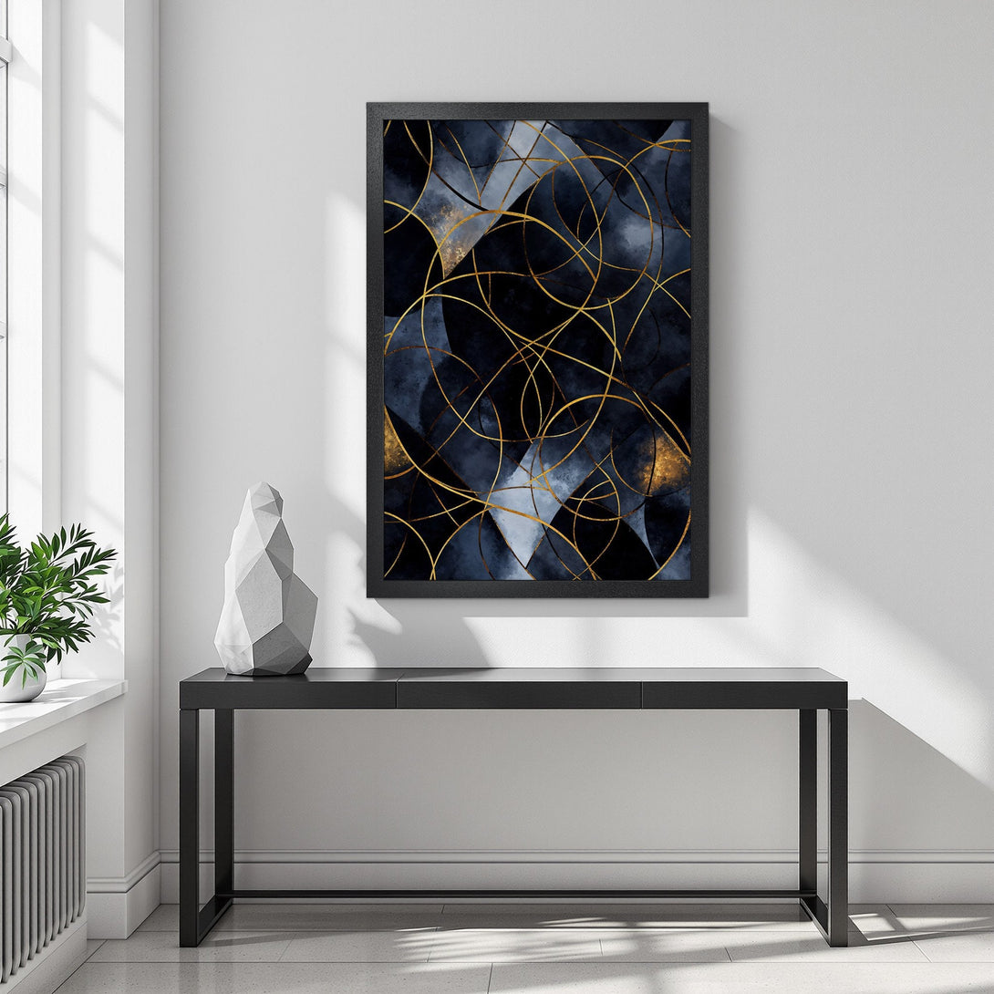 Framed Poster featuring abstract gold lines on a navy and gold watercolor background. Modern art print for home decor.
