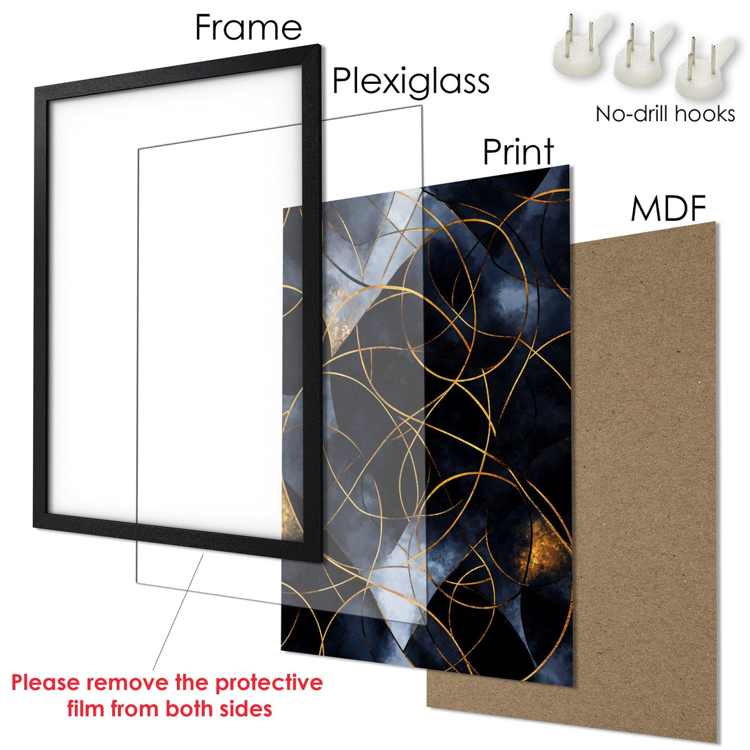 Framed Poster with abstract gold lines on a navy and gray background. Modern art print in a black frame.