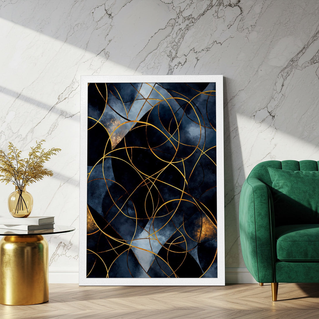 Framed Poster featuring abstract art with navy, gold, and blue hues. Modern art print for home decor.