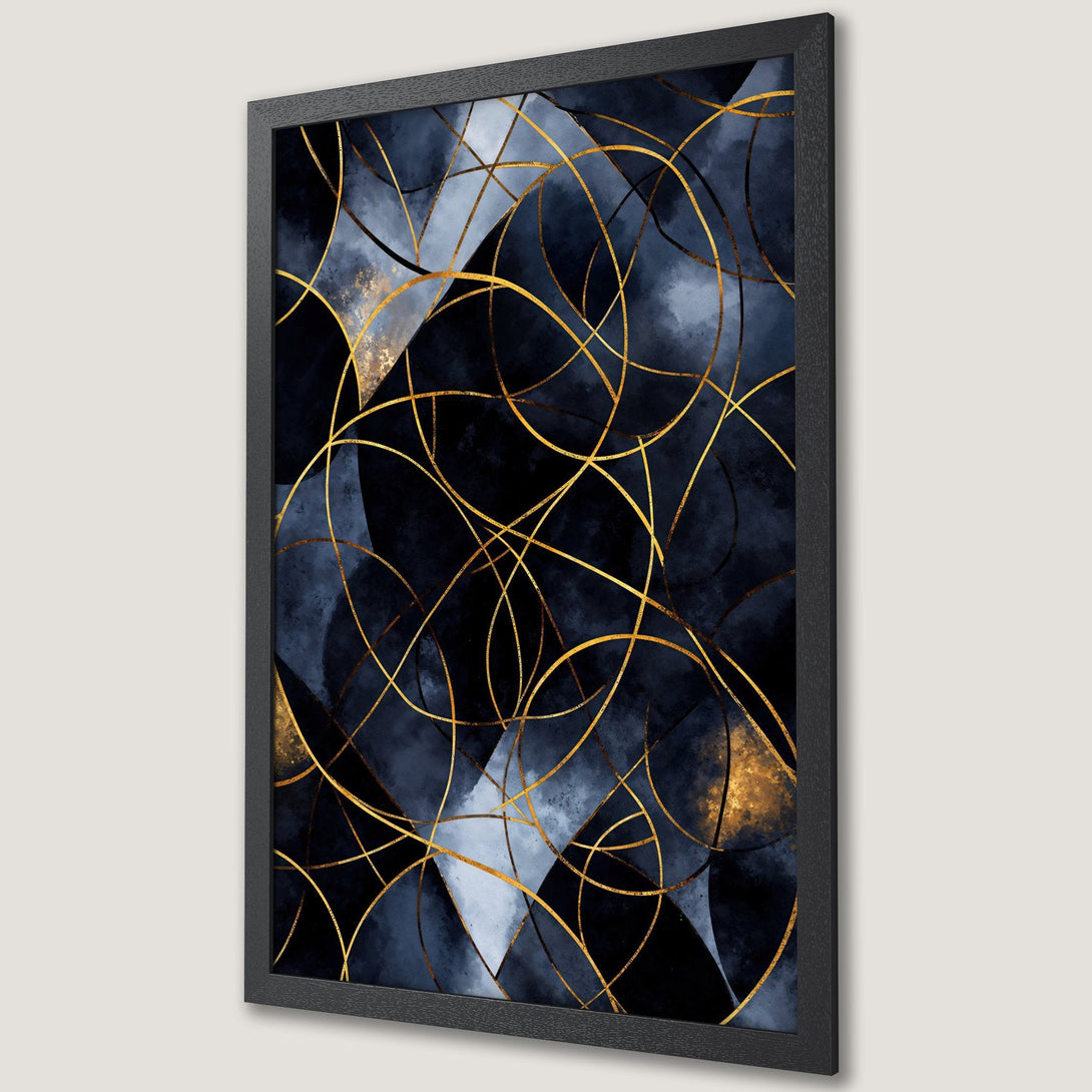Framed Poster featuring abstract gold lines on a dark blue watercolor background. Modern art print for home decor.