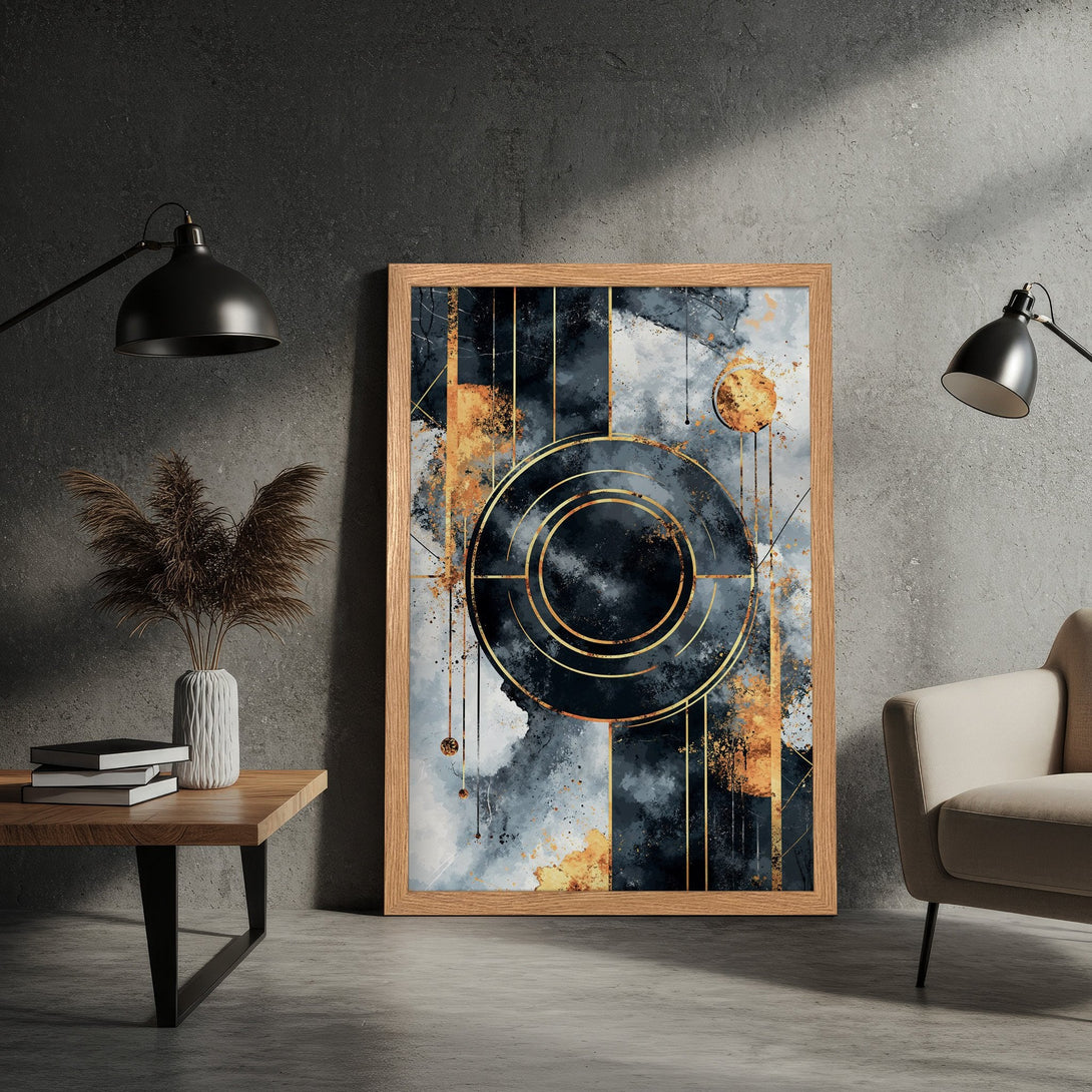 Framed Poster: Abstract art print with geometric design, featuring a navy, gold, and gray color palette. Perfect wall decor for any space.