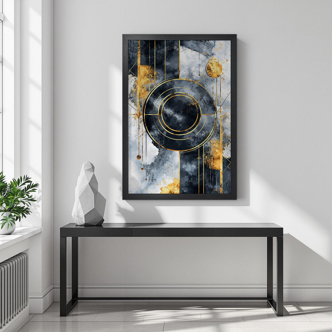 Framed Poster featuring abstract geometric art in a modern style with a gold, black, and gray color palette. Perfect wall decor!