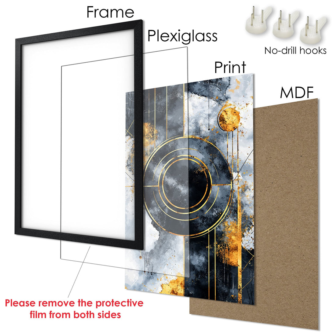 Framed Poster featuring an abstract design with gold accents on a gray and black background. Modern wall art.