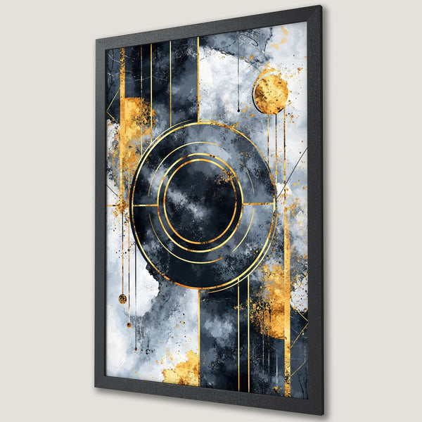 Framed Poster featuring abstract geometric design in navy, gold, and gray. Modern art style perfect for home decor.