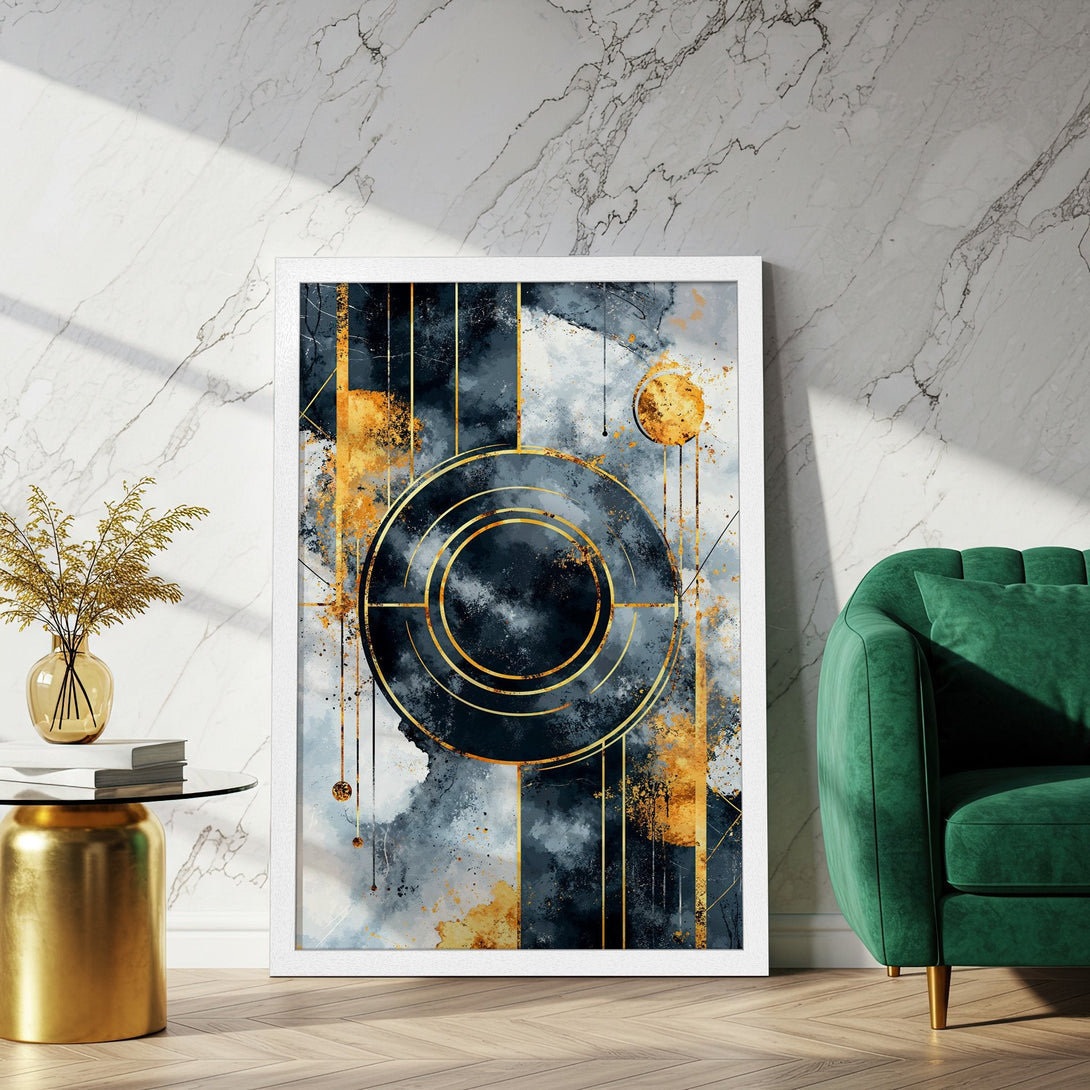 Framed Poster featuring abstract art in a modern style with a navy, gold, and gray color palette. Perfect wall decor!
