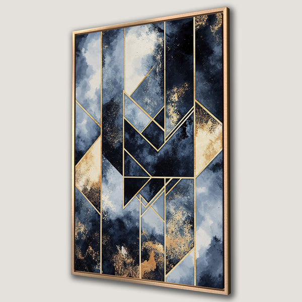 Framed Wall Art: Abstract geometric canvas print in navy blue, gold, and white. Modern art for a stylish home. Shop now!