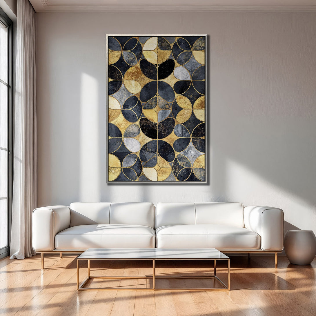 Framed Wall Art: Geometric abstract art in navy, gold, and grey. Modern canvas print adds elegance to any living room decor.