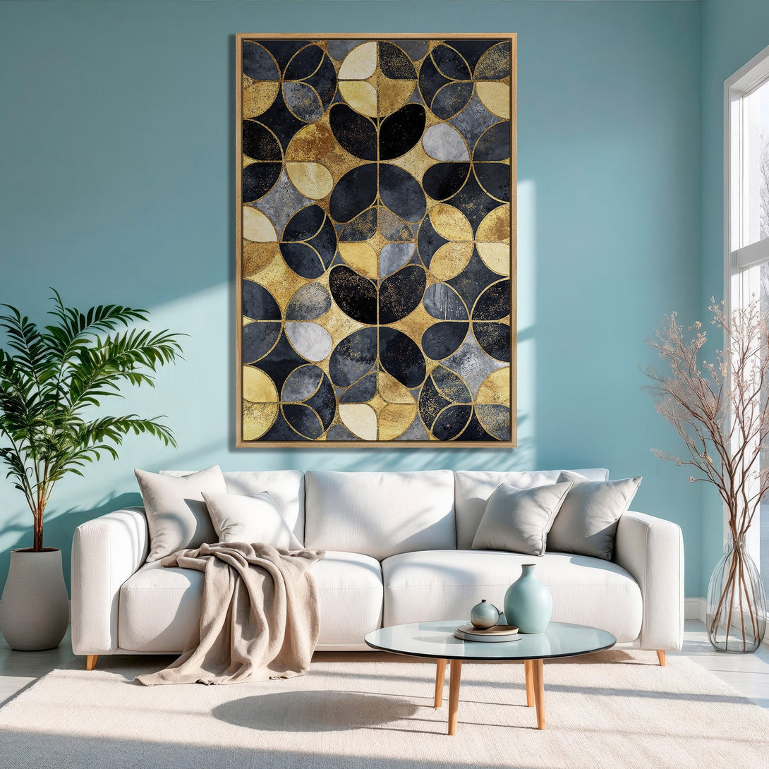 Framed Wall Art featuring an abstract geometric design in gold, black, and gray. Modern art canvas print perfect for any home decor style.