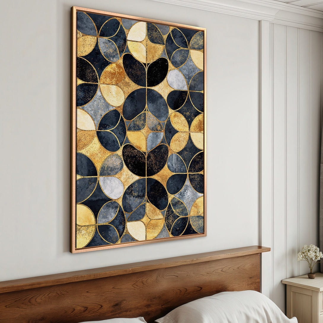 Framed Wall Art featuring a modern geometric design in navy, gold, and gray. Elevate your space with this stylish canvas print.