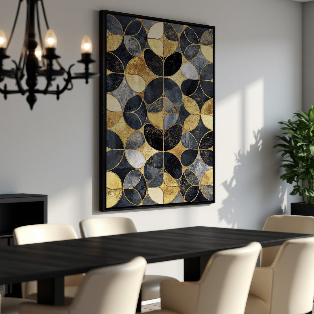 Framed Wall Art: Geometric abstract art in gold, navy, and gray. Modern canvas print adds a touch of elegance to any dining room or living space.