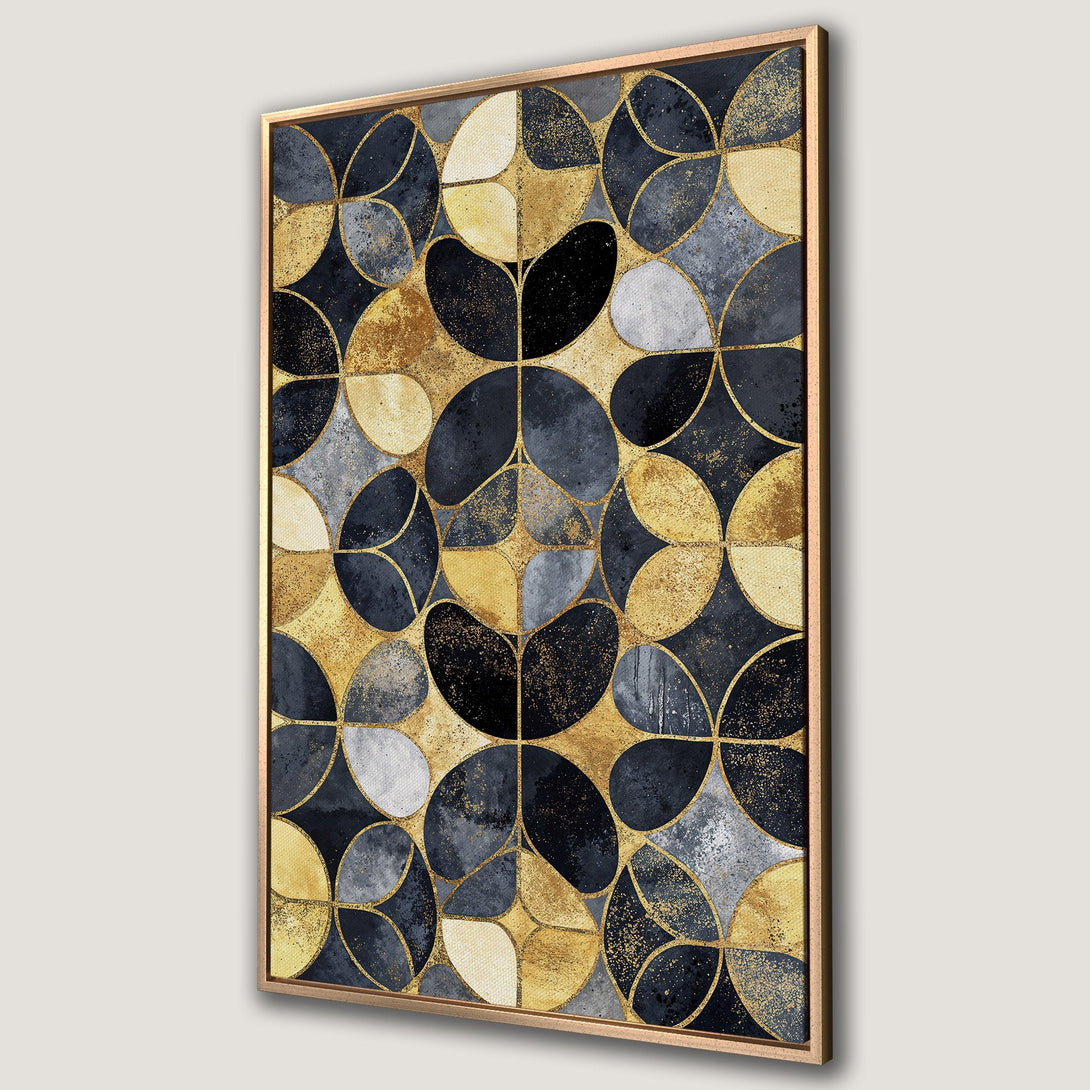 Framed Wall Art featuring a geometric abstract design in a navy, gold, and grey color palette. Modern art for your home decor.