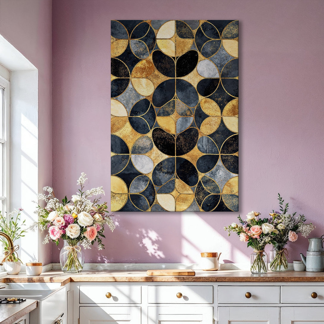 Framed Wall Art: Abstract geometric design in gold, navy, and gray. Modern canvas print adds a touch of elegance to any living room. Shop now!