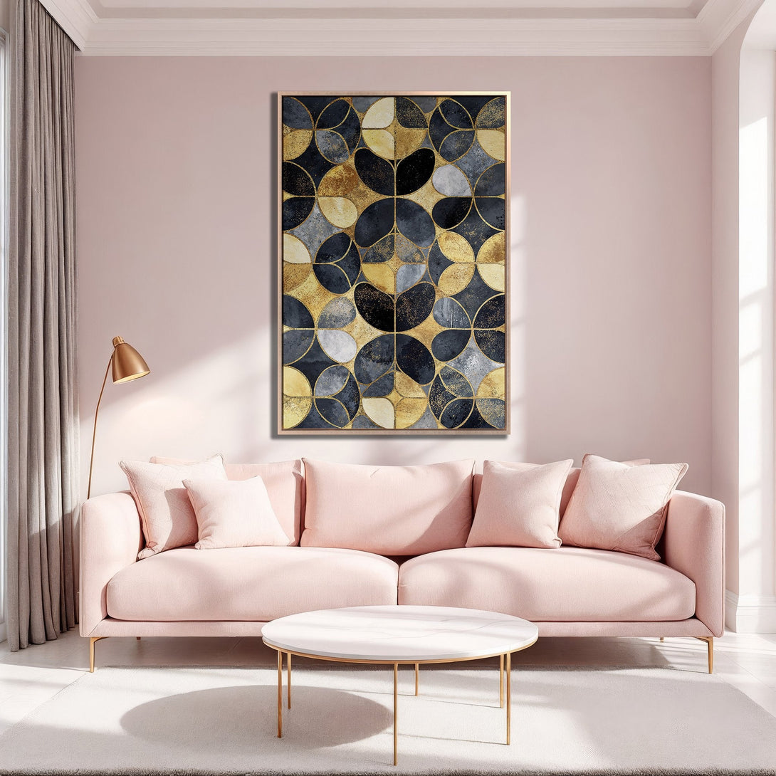 Framed Wall Art: Abstract geometric design in gold, navy, and gray tones. Modern art canvas print adds a touch of elegance to a pink living room.