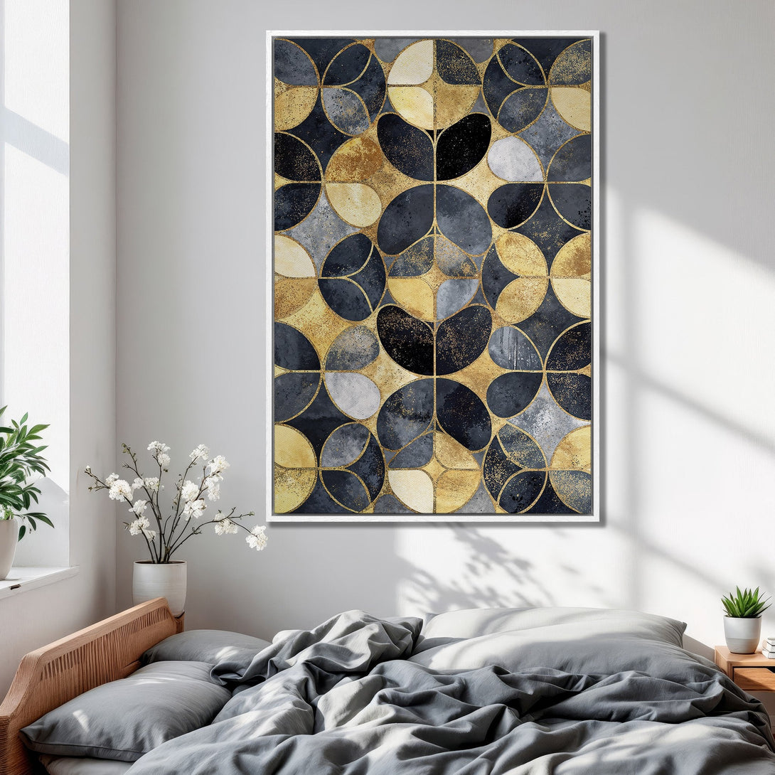 Framed Wall Art: Geometric abstract art in navy, gold, and gray. Modern Canvas Print adds a touch of elegance to bedroom decor.
