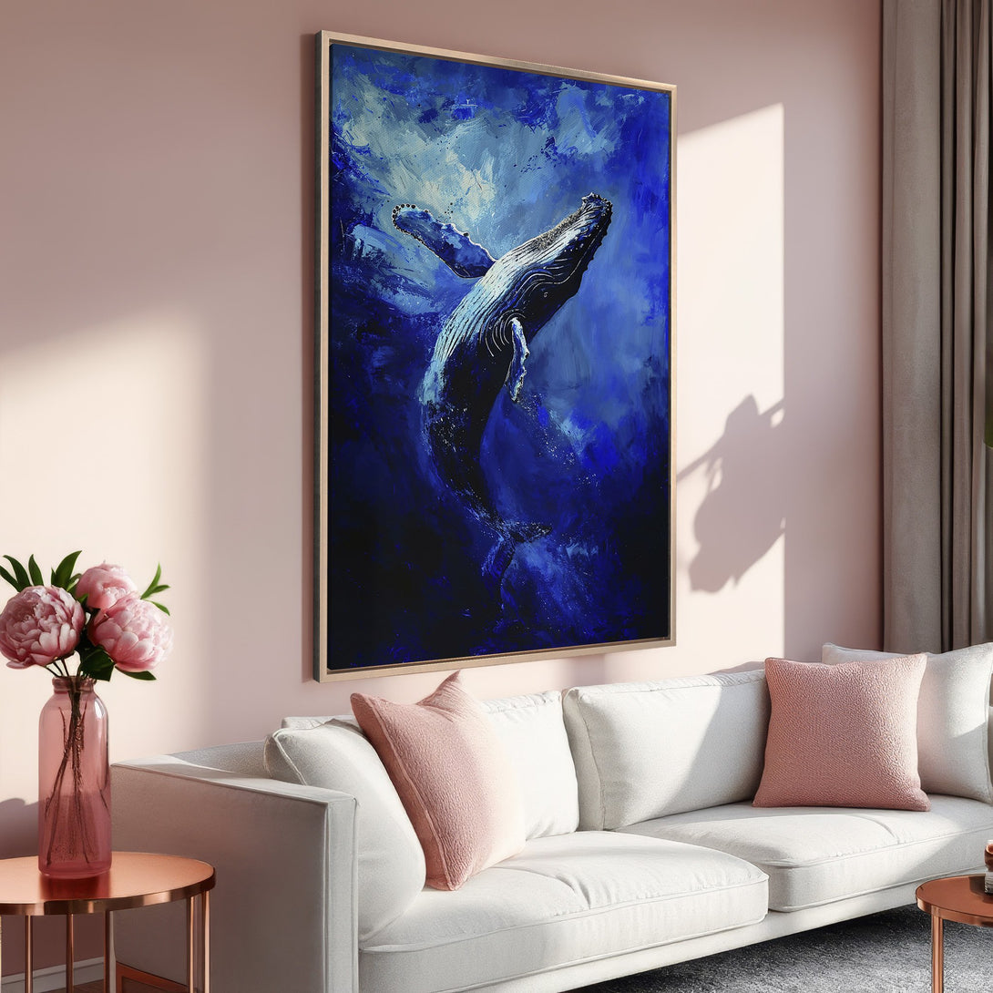 Framed Wall Art: Majestic whale canvas print in a modern, abstract style with a deep blue color palette. Perfect for coastal decor!
