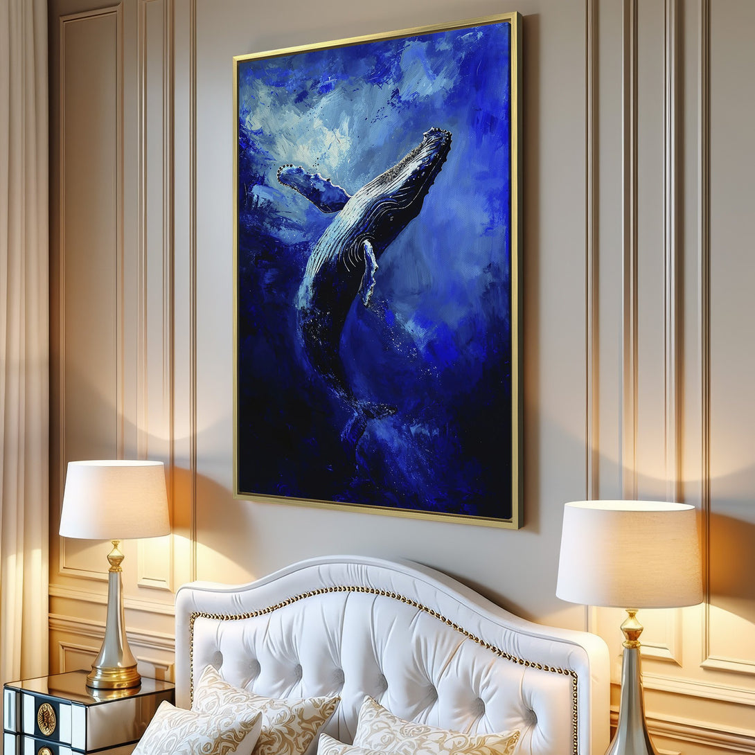 Canvas Print of a majestic whale in an abstract, blue style. Add a splash of ocean art to your space!