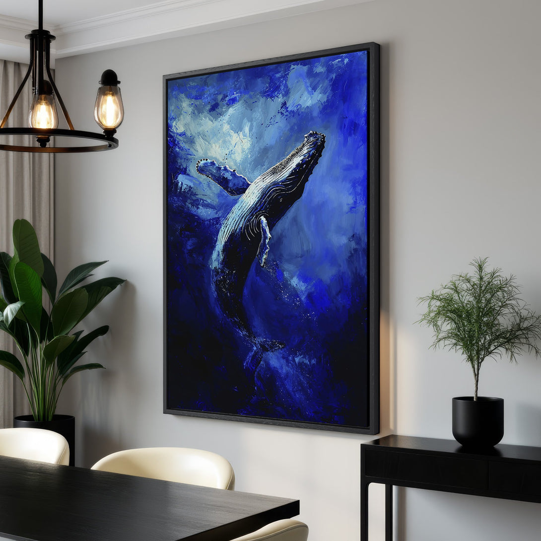 Framed Wall Art: Stunning blue whale painting in an abstract style. Perfect for adding a touch of ocean-inspired art to your home decor.