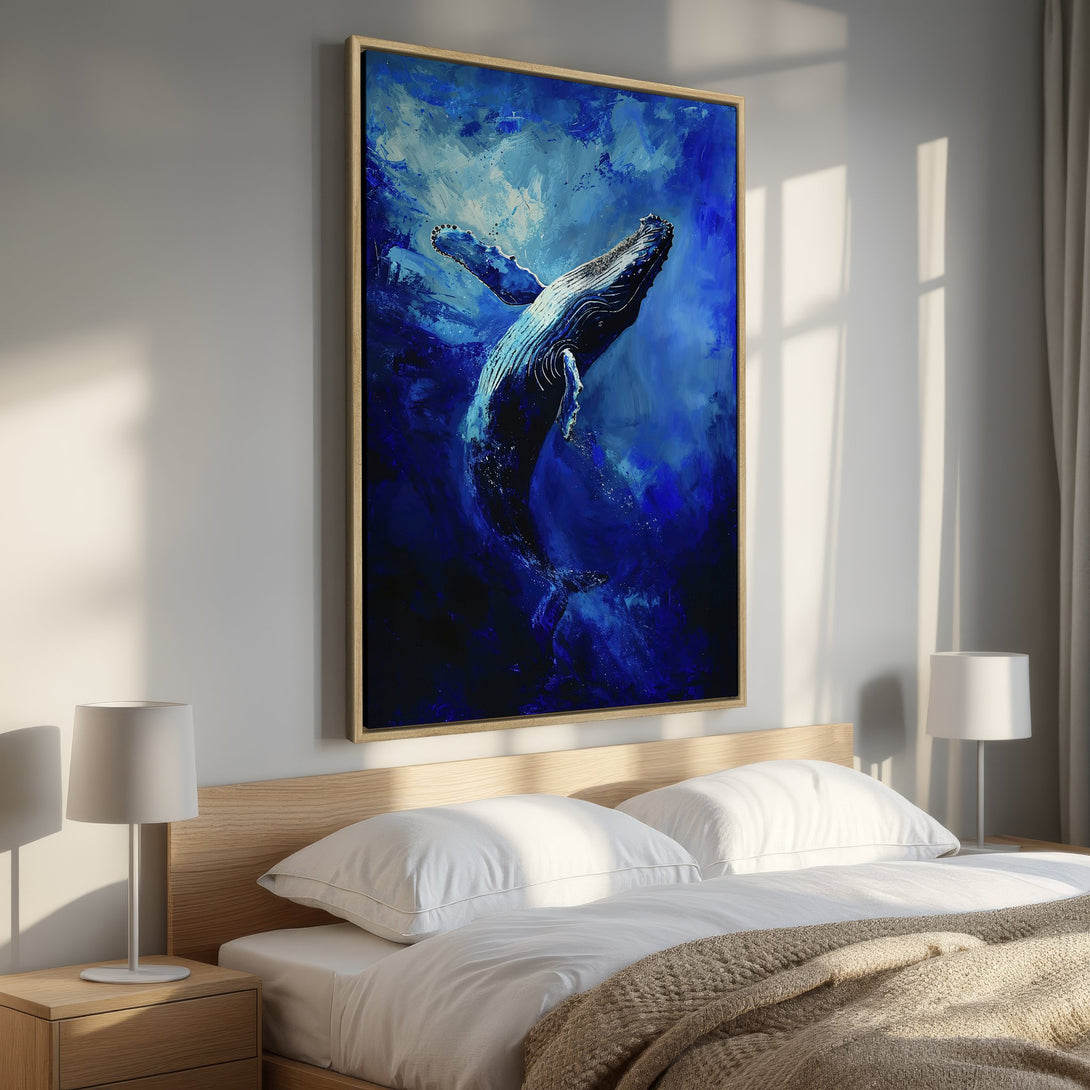 Framed Wall Art: Majestic whale painting in shades of blue. Abstract style canvas print adds a touch of ocean art to your bedroom decor.