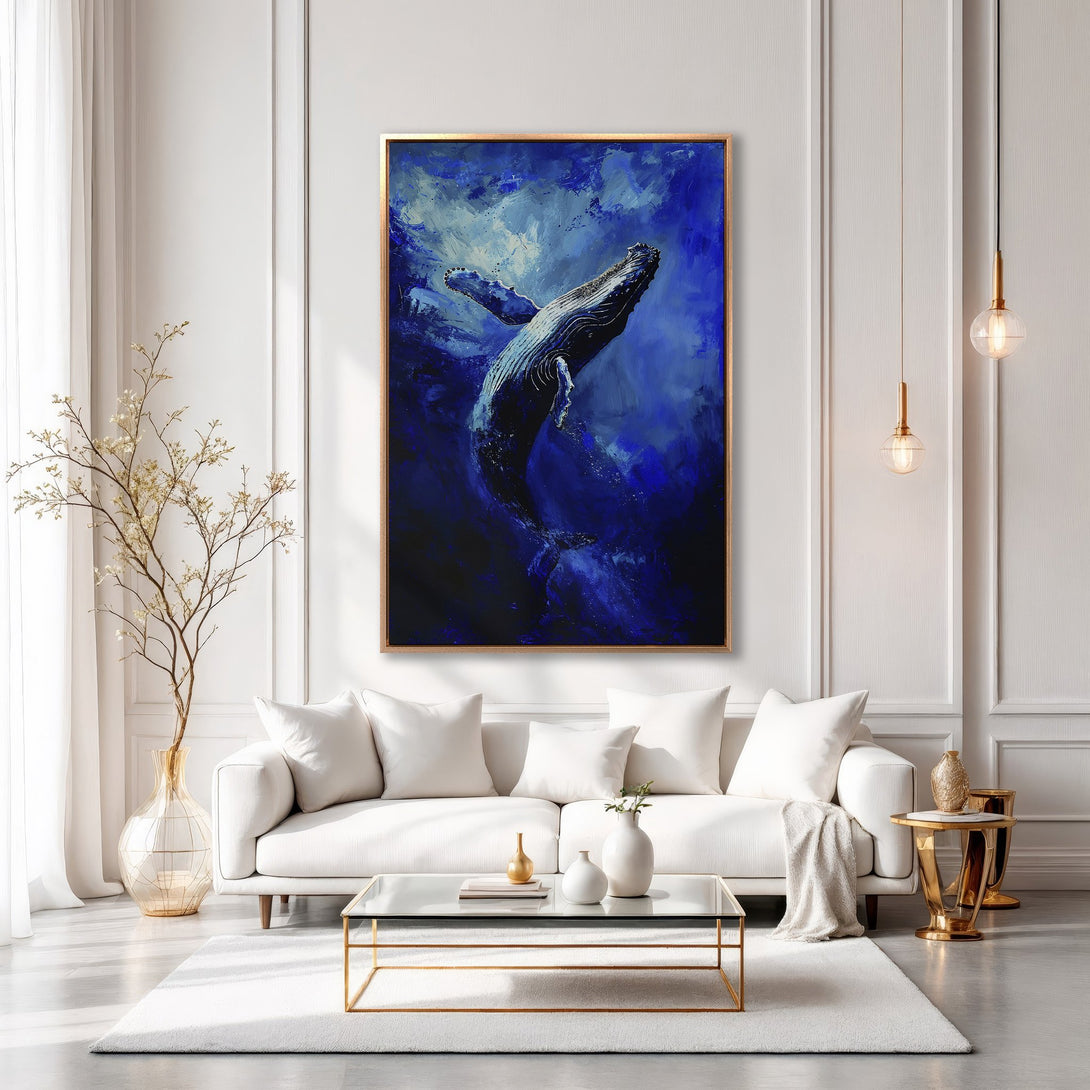 Framed Wall Art: Stunning blue whale canvas print in a modern living room. Abstract style, deep blue color palette. Elevate your space with this captivating artwork!
