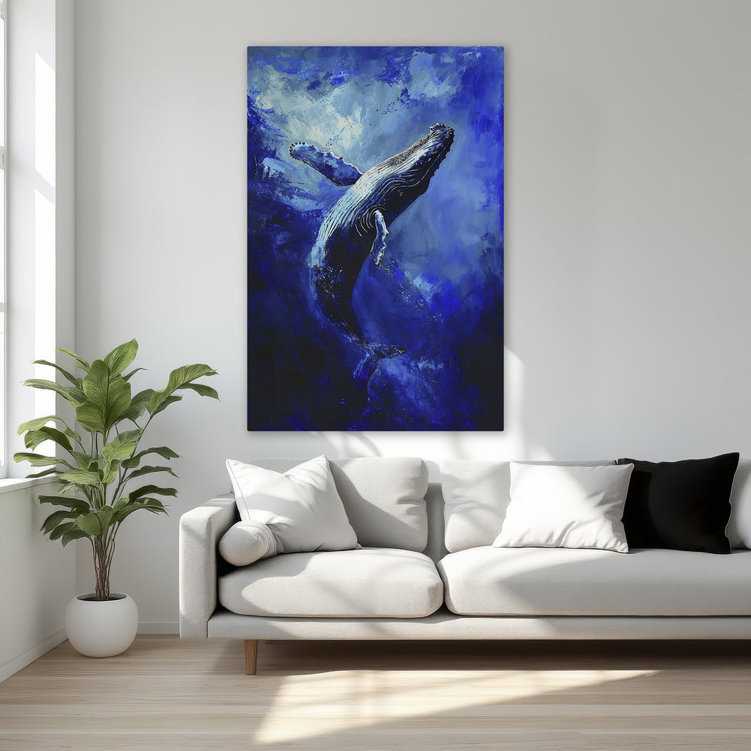 Framed Wall Art: Stunning blue whale painting in a luxurious bedroom. Abstract style with a vibrant blue color palette. Elevate your space with this captivating artwork.