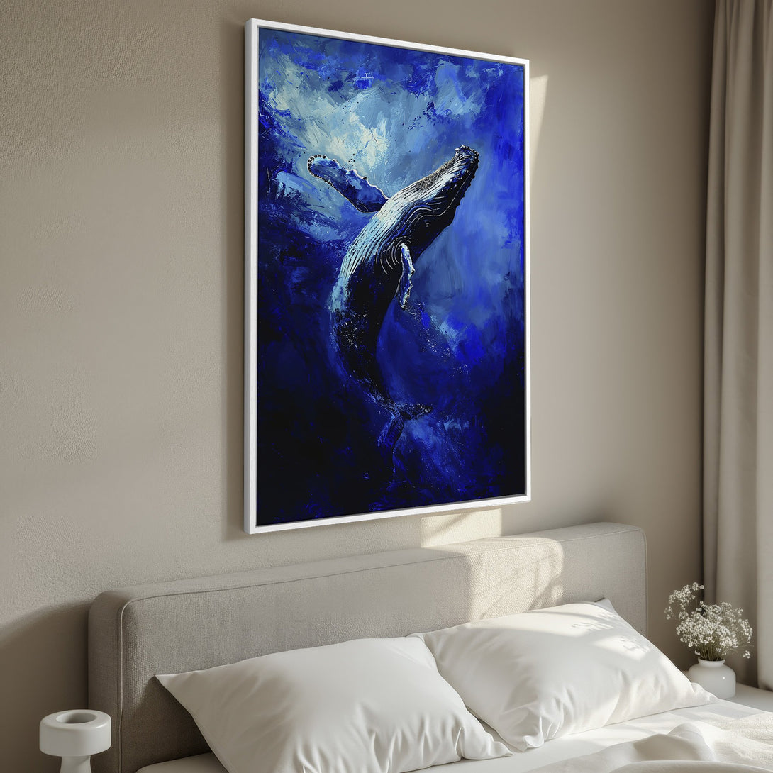Framed Wall Art featuring a majestic whale in a deep blue, expressive style. Perfect for adding a touch of ocean-inspired art to your bedroom.