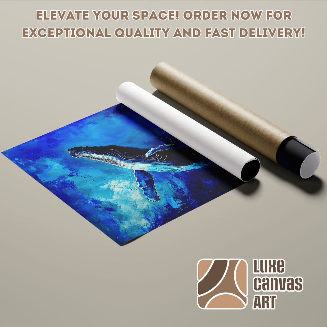 Whale art Poster Roll, blue & white abstract painting. Elevate your space with this stunning ocean-themed art!