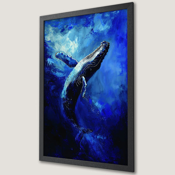 Framed Poster of a whale in an abstract, blue-toned painting style. Perfect wall art for ocean lovers!