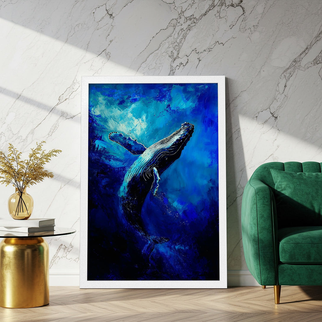 Framed Poster featuring a majestic whale in vibrant blue hues. Add a touch of ocean art to your space!