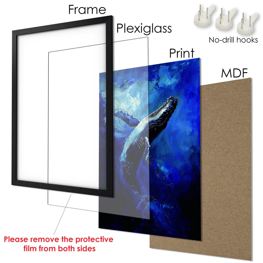 Framed Poster featuring a whale in a blue abstract style. Stunning ocean art print for your home decor.