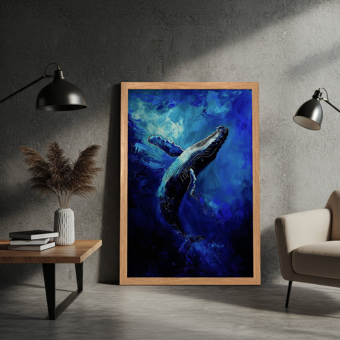 Framed Poster featuring a majestic whale in shades of blue. Artistic painting style, perfect for ocean lovers. Add this stunning art to your home!