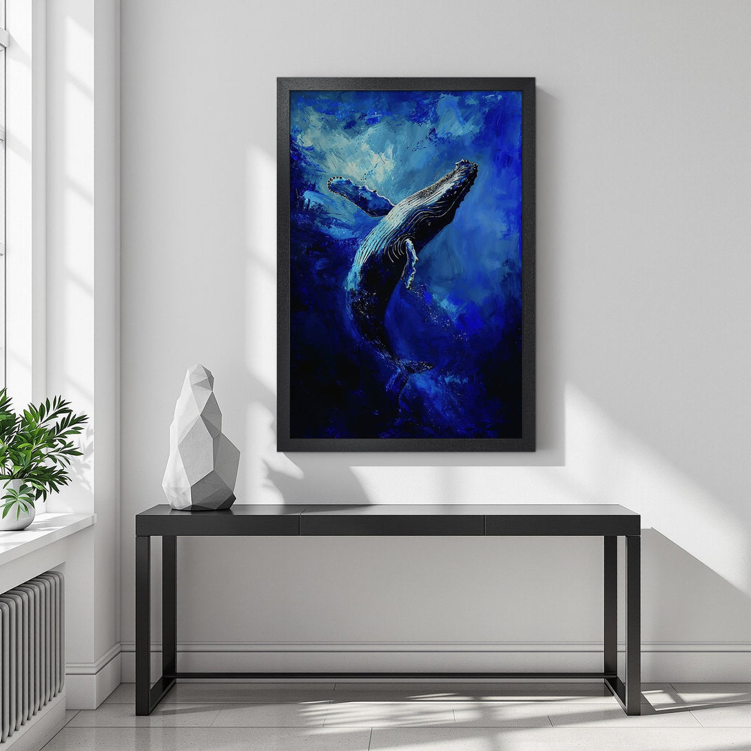 Framed Poster featuring a majestic whale in a vibrant blue abstract style. Add a touch of ocean art to your home!