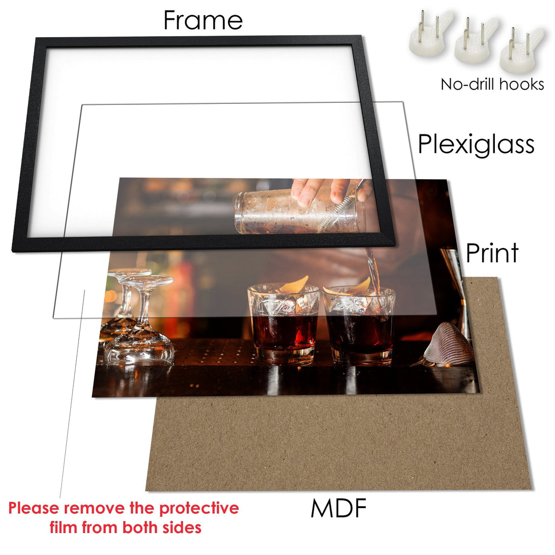 Framed Poster of a cocktail pouring, dark and moody style. Perfect for kitchen or bar decor. Warm color palette.