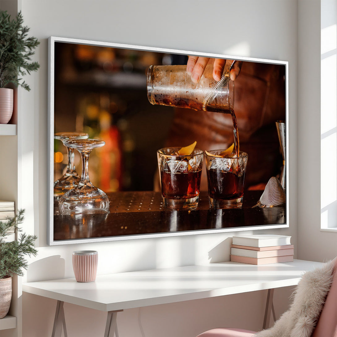 Framed Wall Art: Stylish bar scene Canvas Print with warm brown and amber tones. Perfect for adding a touch of sophistication to your home decor.