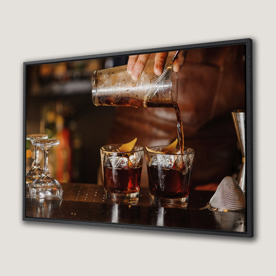Framed Wall Art: Cocktail pouring, warm brown tones. Stylish bar scene Canvas Print for kitchen or dining room decor. Elevate your space!