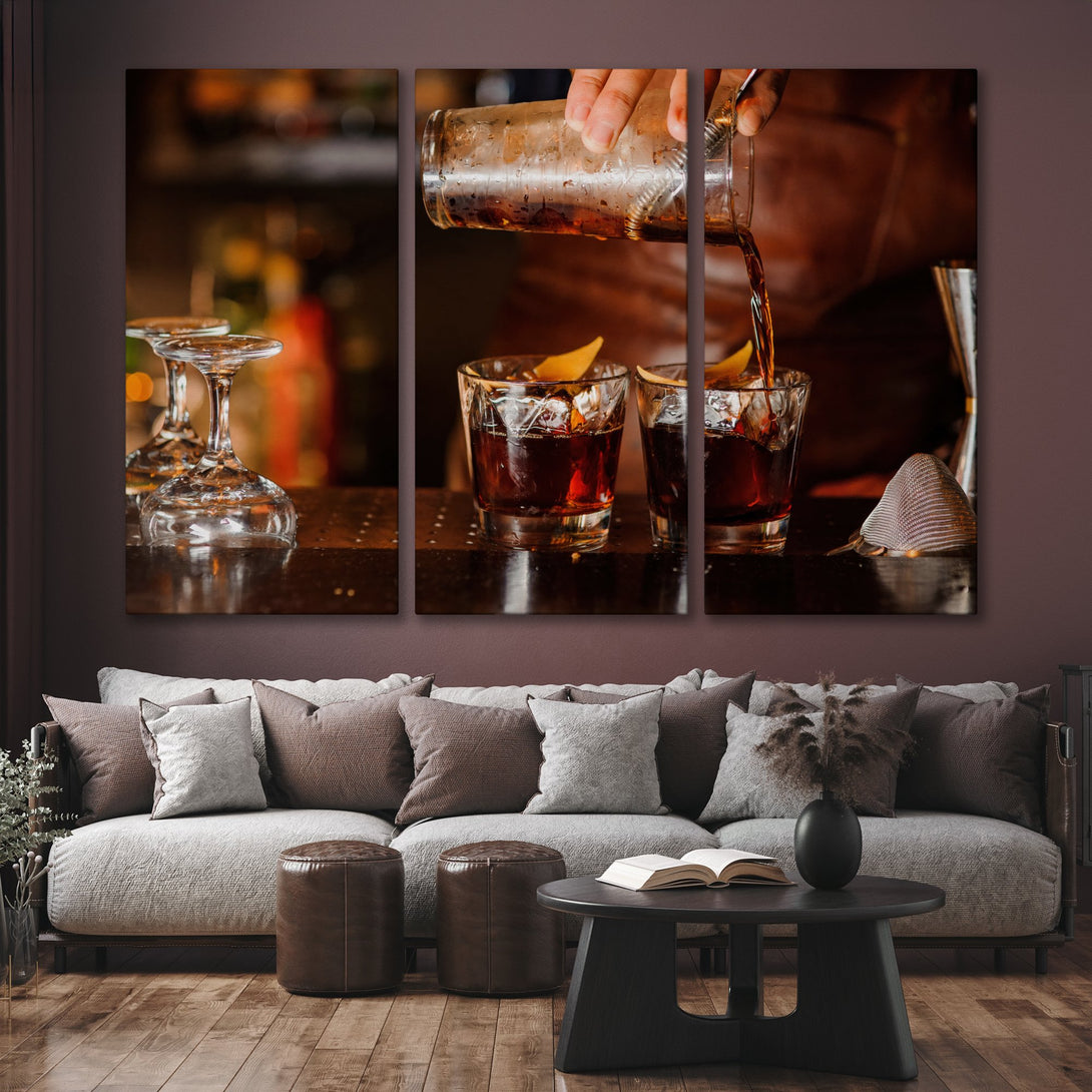 Canvas Print of a bartender pouring a cocktail, warm brown tones. Modern, stylish wall art for home decor.