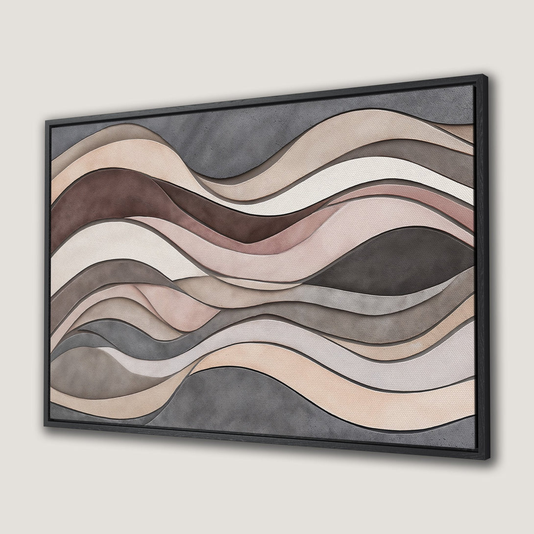 Framed Wall Art featuring abstract, layered waves in neutral tones of beige, brown, and gray. Modern art for a stylish home.