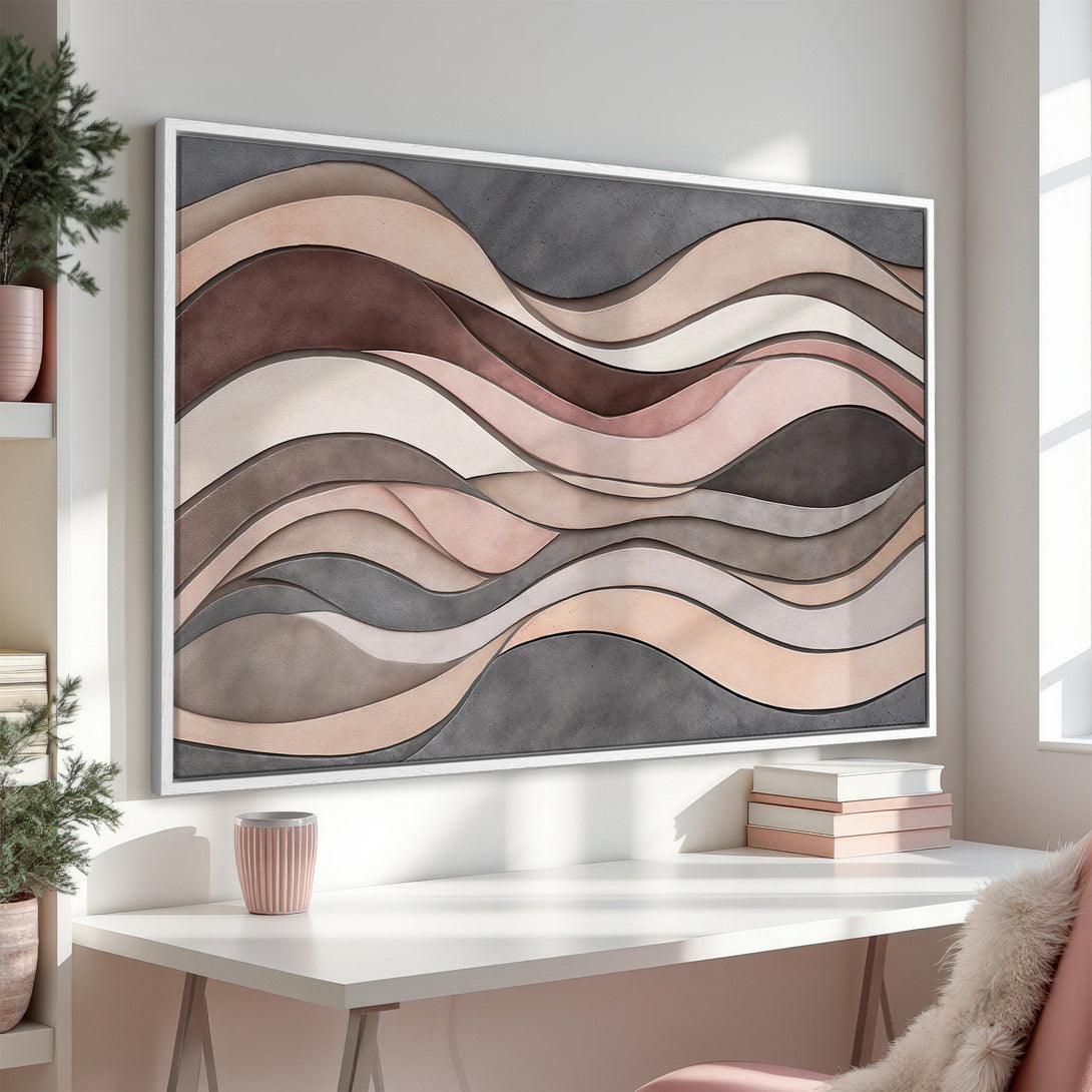 Framed Wall Art: Abstract wave design in neutral tones of beige, brown, and gray. Modern art for home decor, perfect for adding a touch of elegance.
