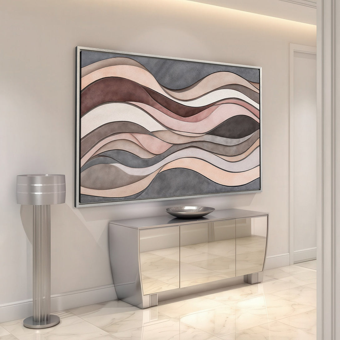 Framed Wall Art: Abstract wave design in neutral tones. Modern art canvas print perfect for living room or bedroom decor. Shop now!