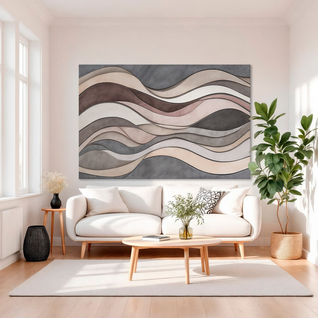 Framed Wall Art: Abstract wave design in neutral tones. Modern canvas print with a warm, inviting color palette. Perfect for living room decor.